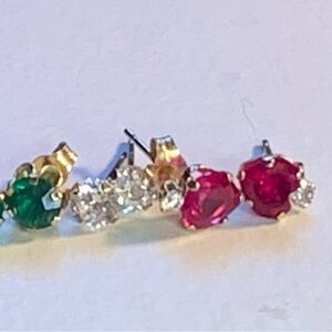 10kt Gold Multi-Color Stud Earrings - Ruby, CZ, Green Stone. All marked 10kt